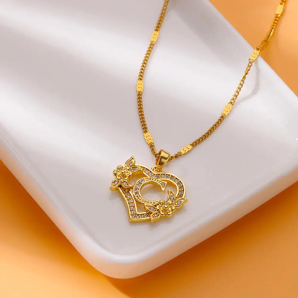 Zircon Flower Heart Initials Necklaces Stainless Steel Heart Letter