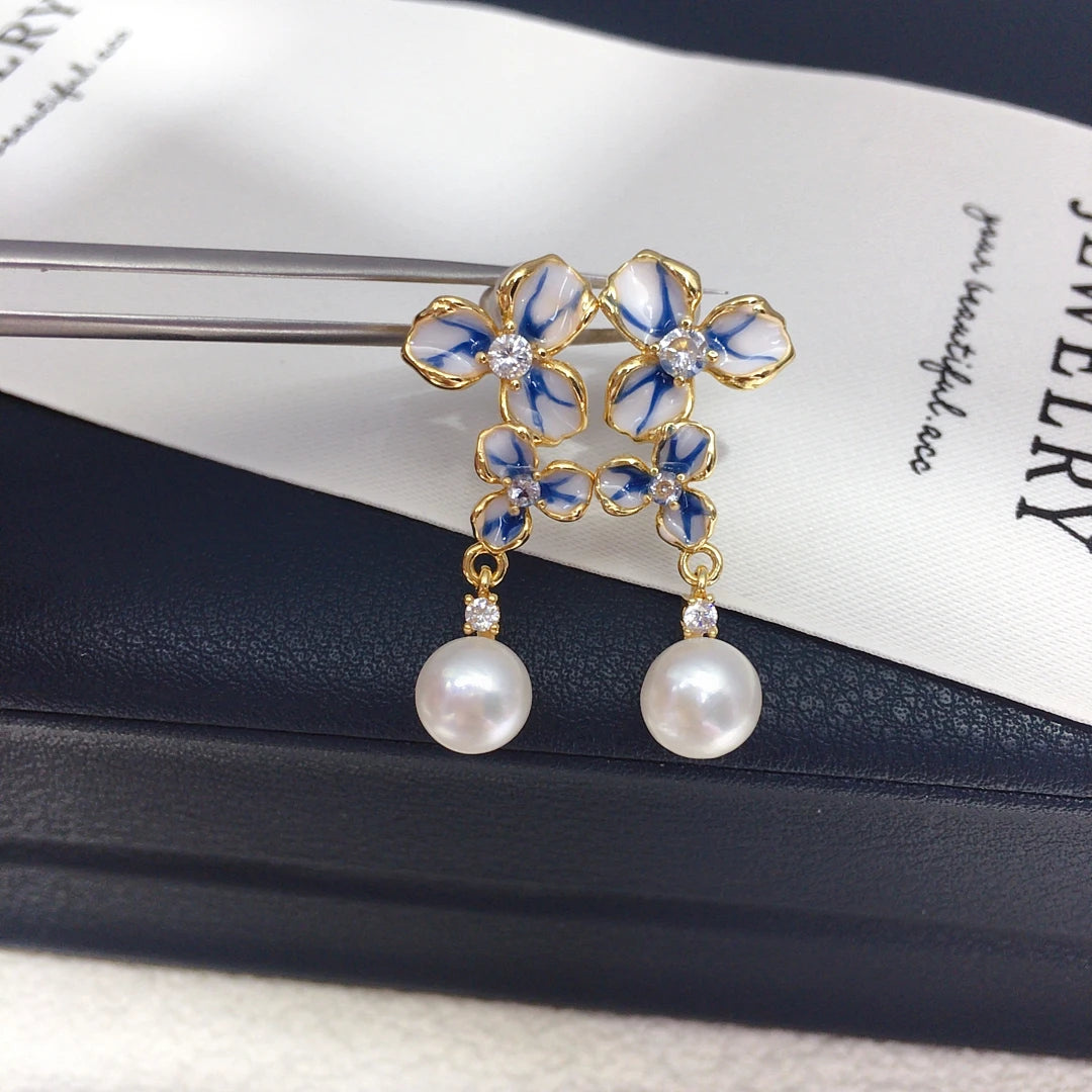 Freshwater Pearl Earrings 7-7.5mm Zircon Symmetry Flower Style Fashion Jewellery.