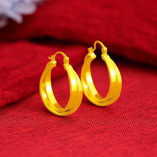 Stylish Double Hoop Earrings Women's 24K Gold AU999.