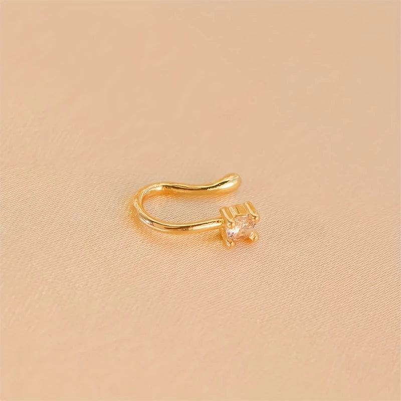1-Piece Round Zircon Non Perforated Nose Ring Female Brass Material Adjustable Nose Clip.