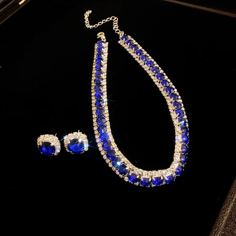 Luxury Rhinestone Necklace Stud Earrings, Crystal  Necklaces Ladies Fashion Jewellery Set.