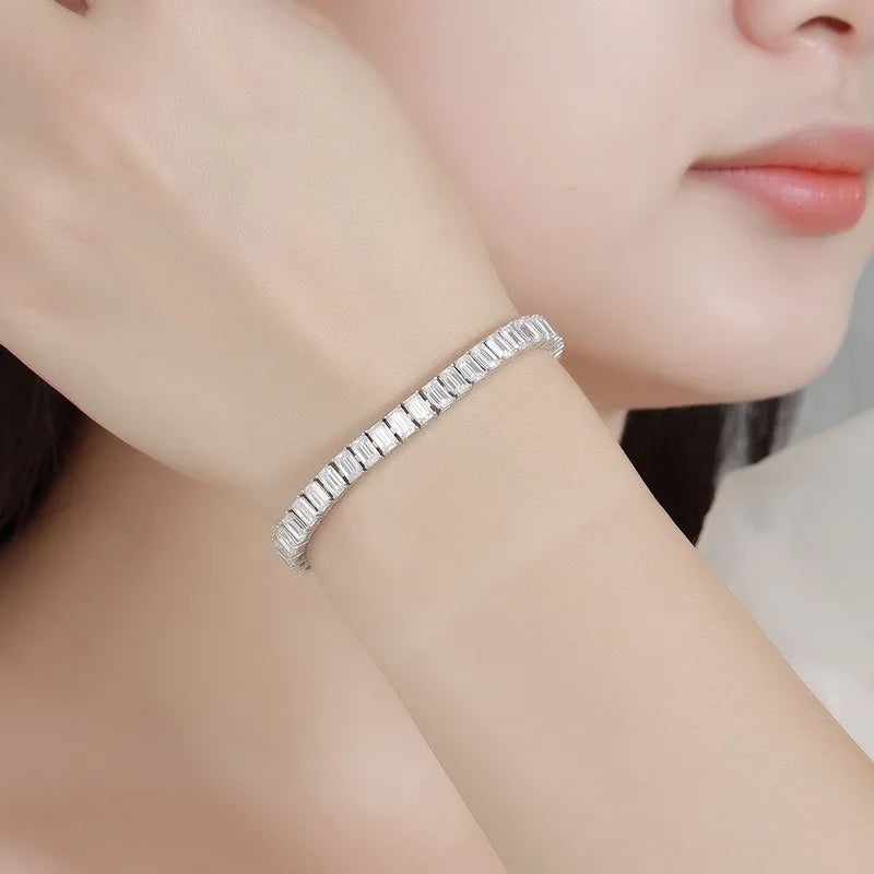 0.4-1ct D Color Emerald Cut Moissanite Tennis Chain Bracelet 925 Sterling Silver.