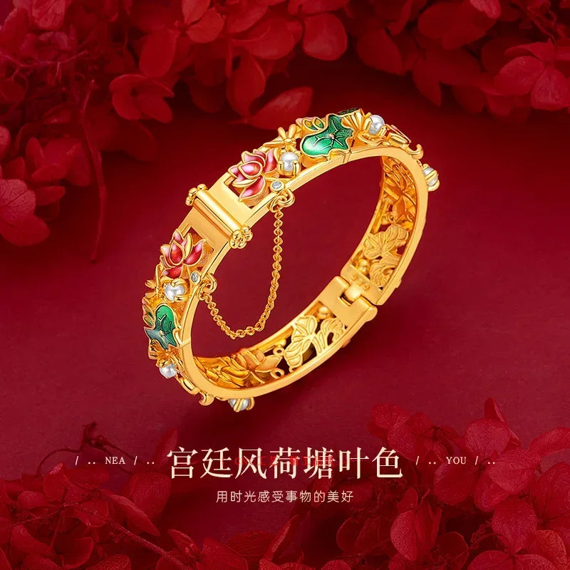 AU750 Gold Bracelet, Antique Enamel Orchid Design, 18K Retro Palace Filigree Inlaid Open Clasp Bracelet.