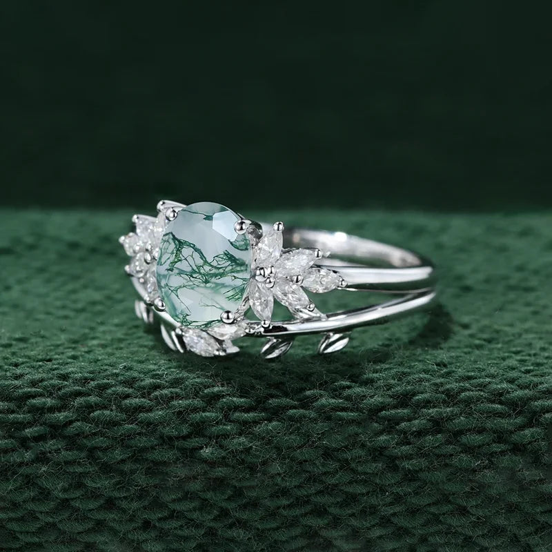 Unique Oval Cut Moss Agate Ring Set 925 Sterling Silver Leaf Branch Rings Handmade Jewellery Gift.