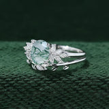 Unique Oval Cut Moss Agate Ring Set 925 Sterling Silver Leaf Branch Rings Handmade Jewellery Gift.