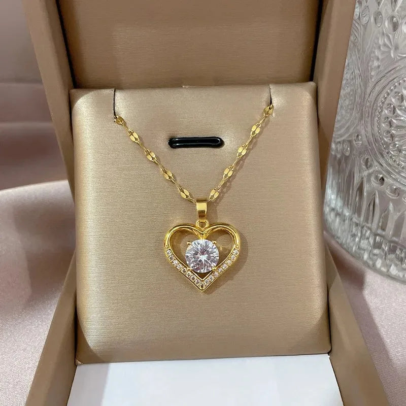 Artificial Gems Heart Pendant Necklace Golden Stainless Steel
