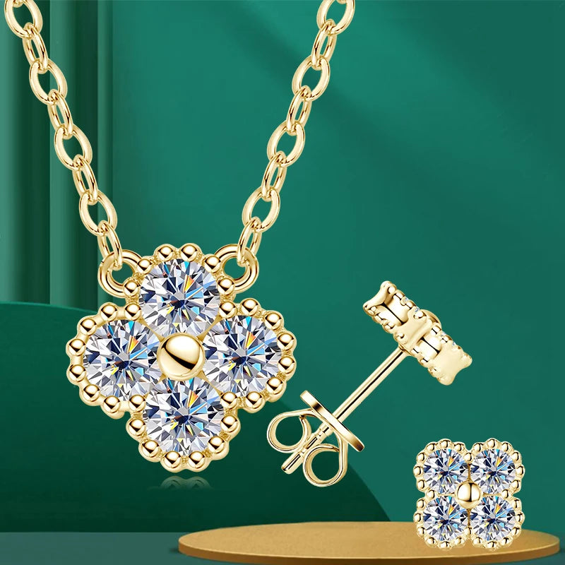 Lnngy 925 Certified Silver Chains Four Leaf Flower 3mm 0.1ct Moissanite Necklace Stud Earring Jewelry Set
