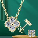 Lnngy 925 Certified Silver Chains Four Leaf Flower 3mm 0.1ct Moissanite Necklace Stud Earring Jewelry Set