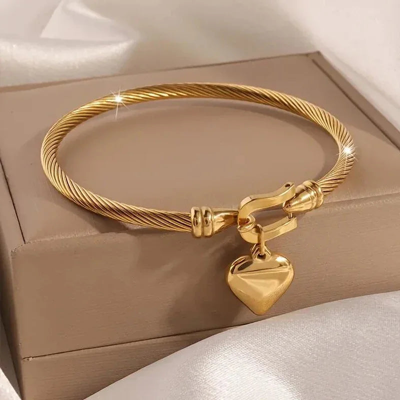 18k Gold Color Stainless Steel Heart Pendant Charm Bangle Bracelets.