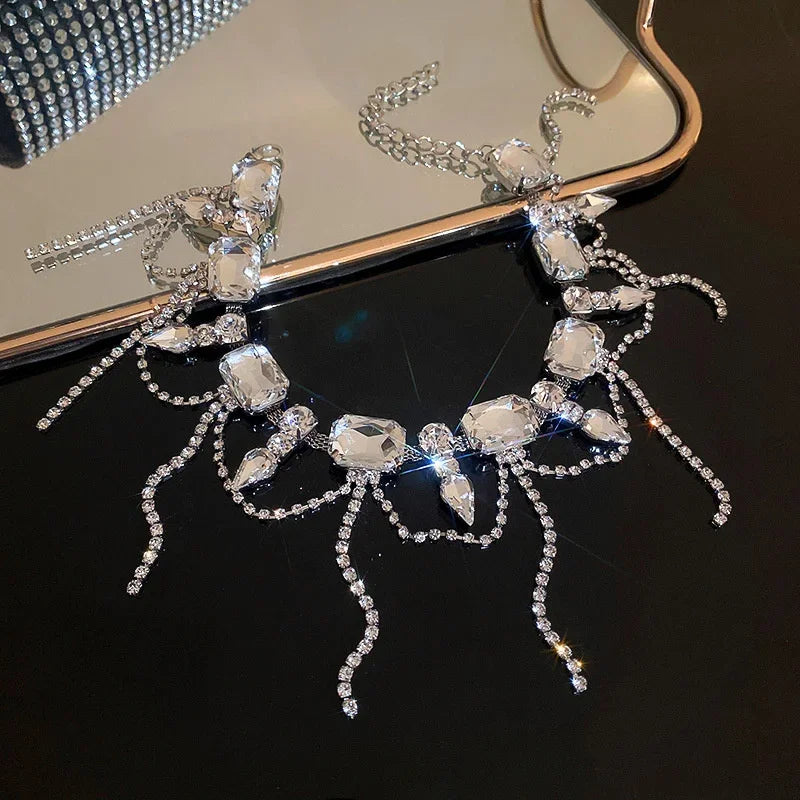 FYUAN Geometric Square Crystal Choker Necklaces for Women Long Tassel Clavicle Chain Necklaces Statements Jewelry