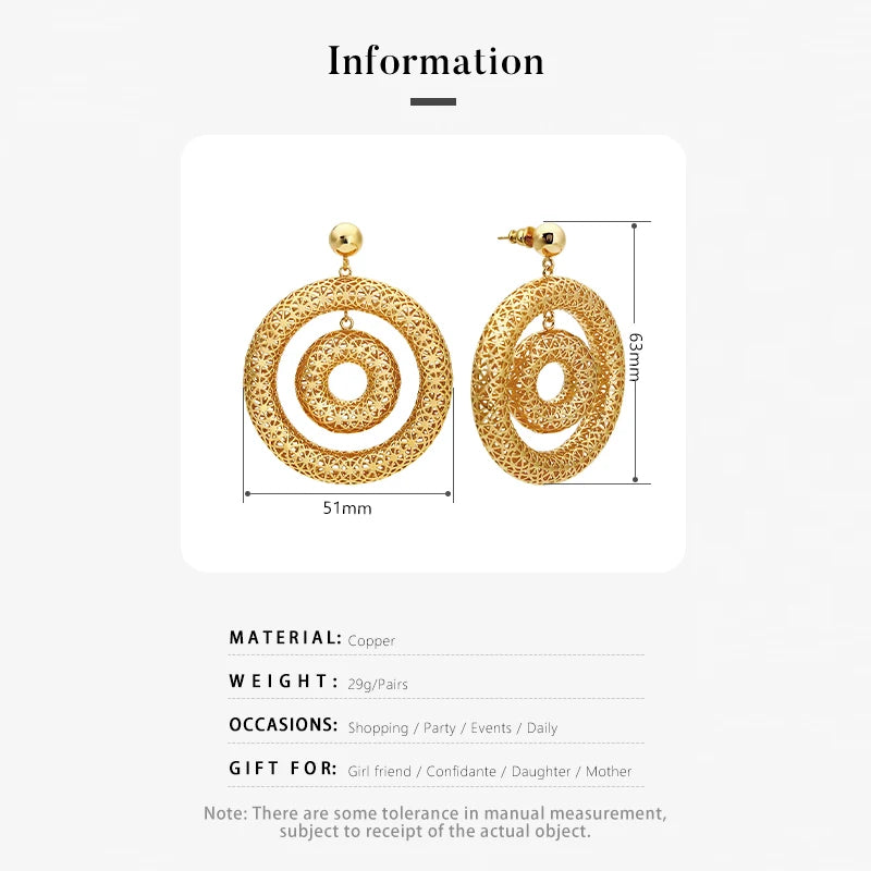 Bicyclic Ring Hollowed Out Drop Earrings For Women Brass Gold Color Earrings.
