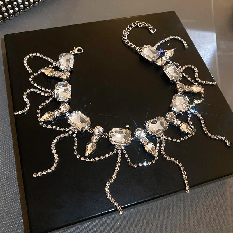 FYUAN Geometric Square Crystal Choker Necklaces for Women Long Tassel Clavicle Chain Necklaces Statements Jewelry