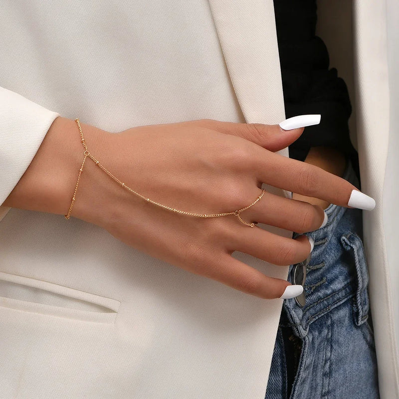 Hand Chain Bracelet Ring Gold Plated Handmade Link Chains Connecting Harness Bracelets Hand Jewelry.