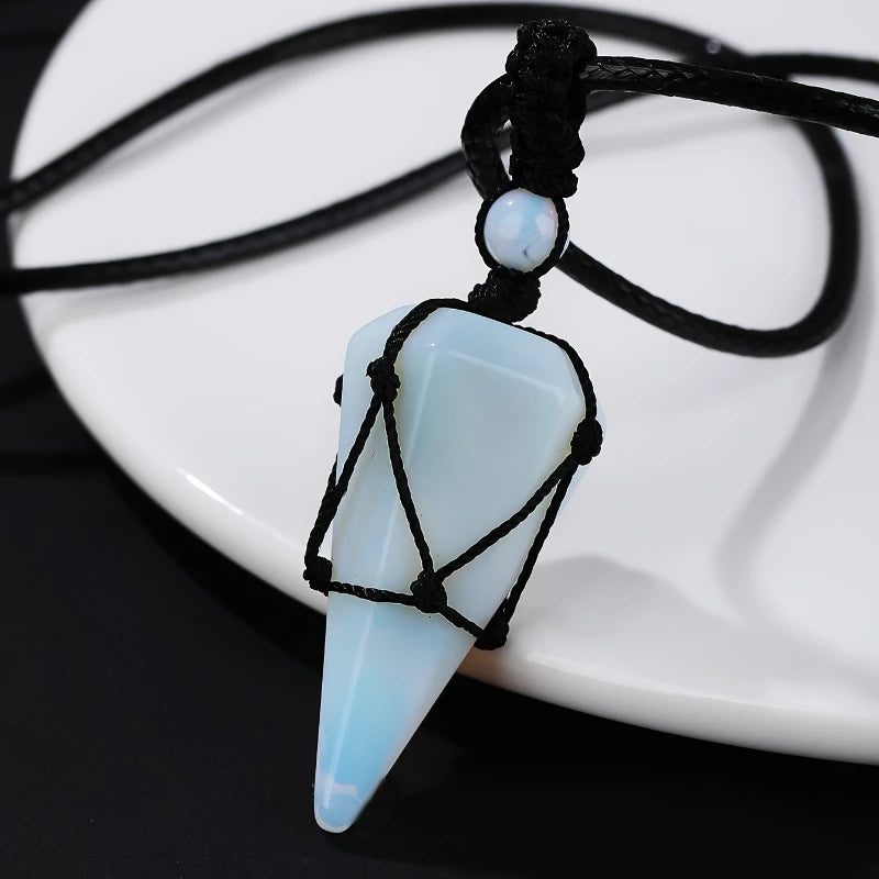 Black Lucky Cool Natural Obsidian Hexagonal Cone Mesh Pocket Braided Rope Pendant Necklace*1pc