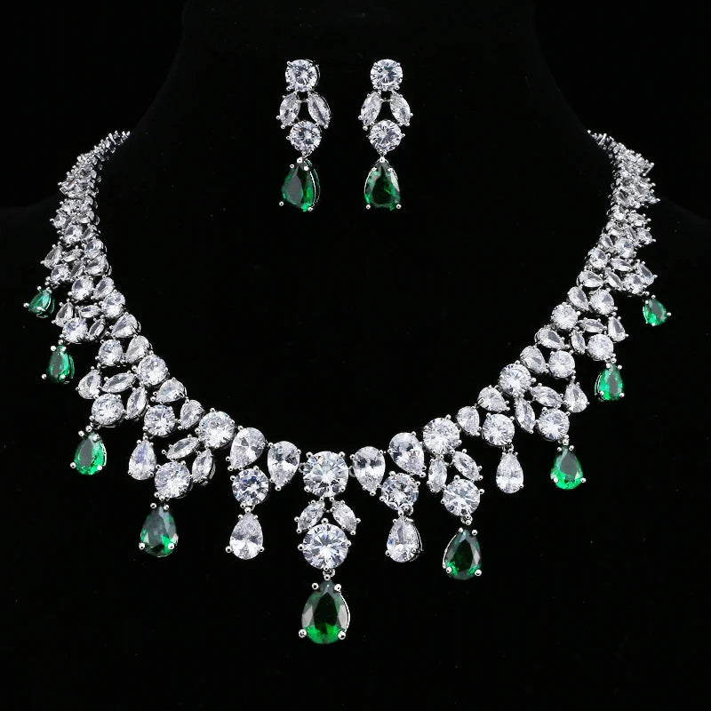 Luxury Green Cubic Zirconia Earrings Necklaces Sets Accessories.