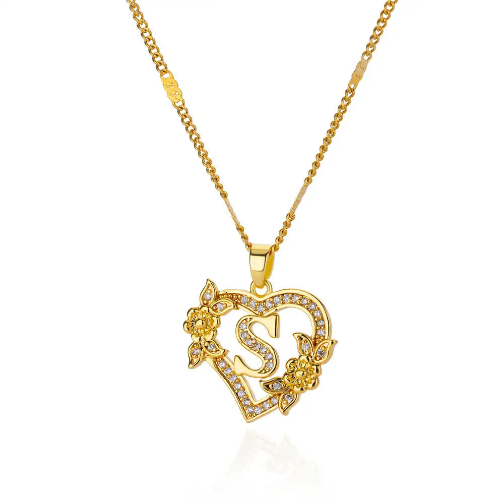 Zircon Flower Heart Initials Necklaces Stainless Steel Heart Letter