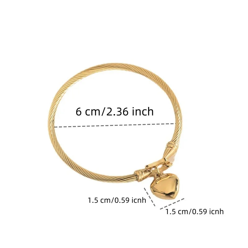 18k Gold Color Stainless Steel Heart Pendant Charm Bangle Bracelets.