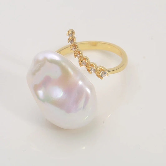 Natural Fresh Water Pearl Ring S925 Silver Adjustable Ring Zircon Inlaid Jewellery for Woman.