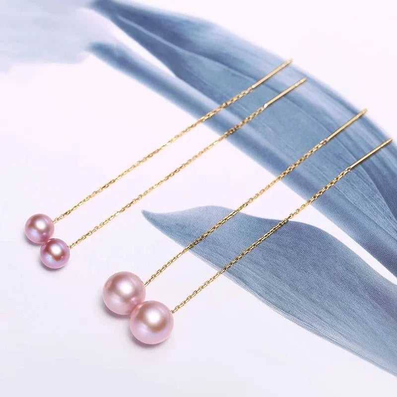 Fine Jewelry Pure 18K yellow Gold earrings long drop natural freshwater Pearl purple pink Round earrings.