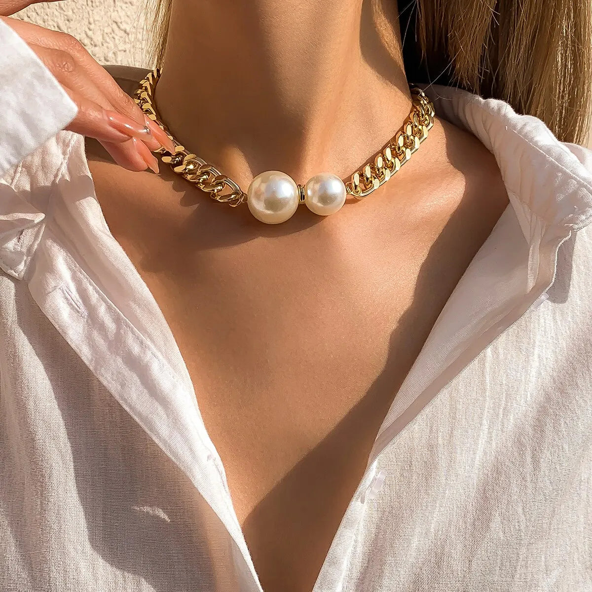 Vintage Punk Cuban Necklaces Women Gothic Imitation-Pearl Pendant Necklace