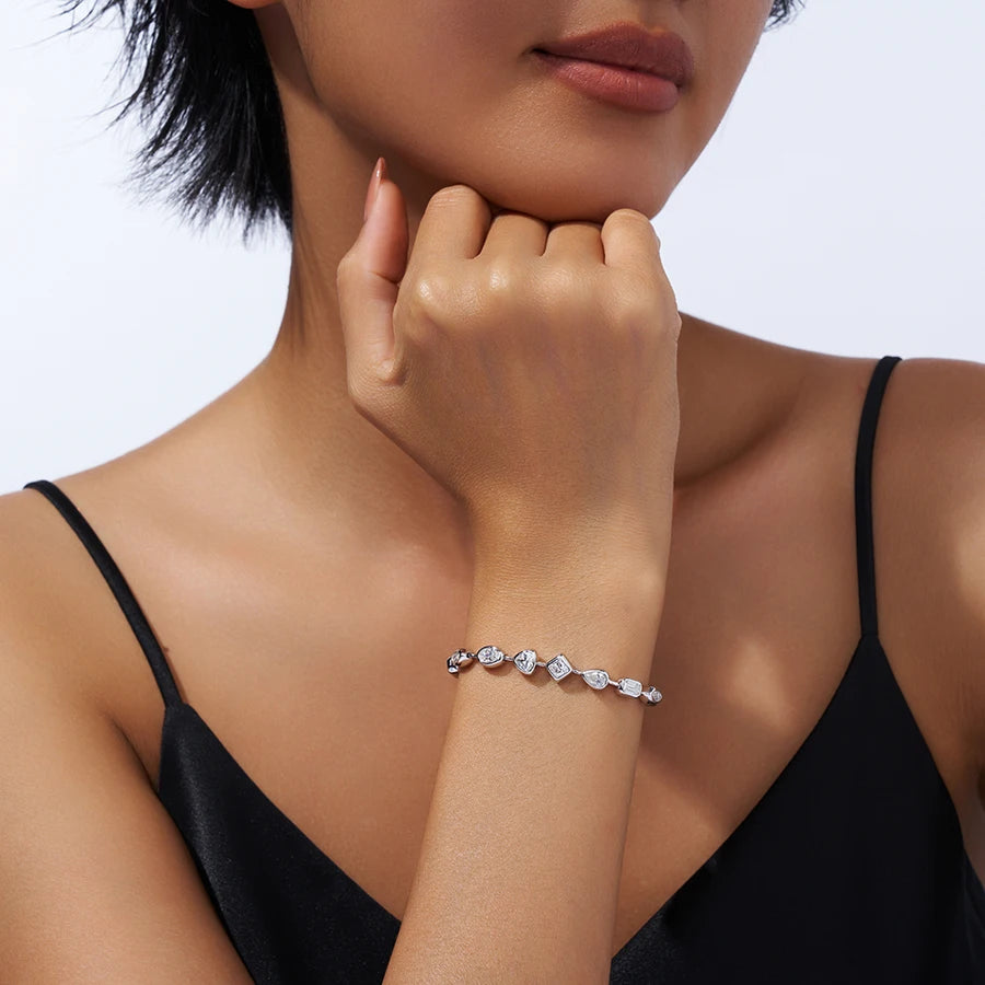 JIUZUAN Mixed Cut Moissanite Tennis Bracelet S925 Silver 18K Gold Plated Modern Bezel Setting Elegant Women Jewelry Bracelet