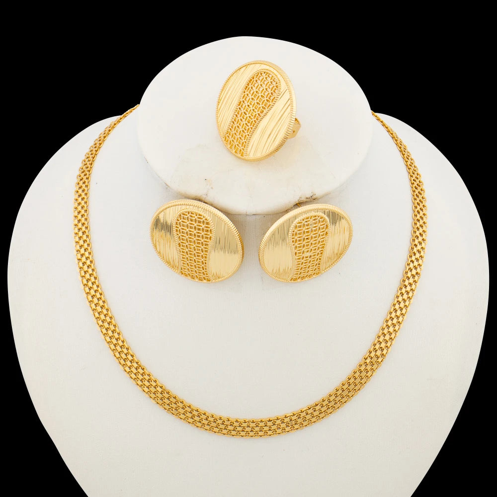 18k Gold Plated Necklace Earrings Ring Jewelry Set Earrings and Finger Ring 2Pcs Set.
