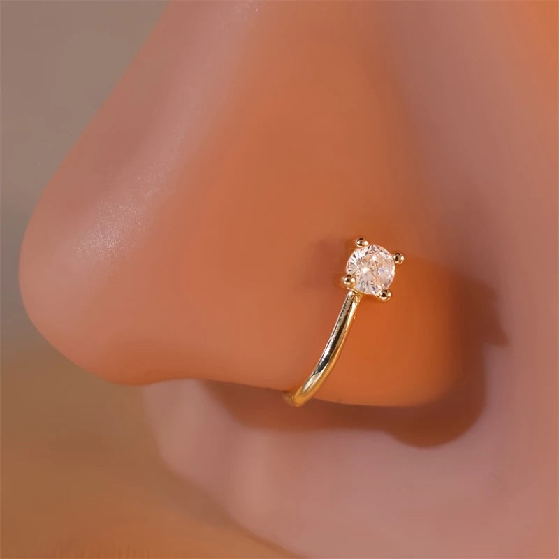 1-Piece Round Zircon Non Perforated Nose Ring Female Brass Material Adjustable Nose Clip.