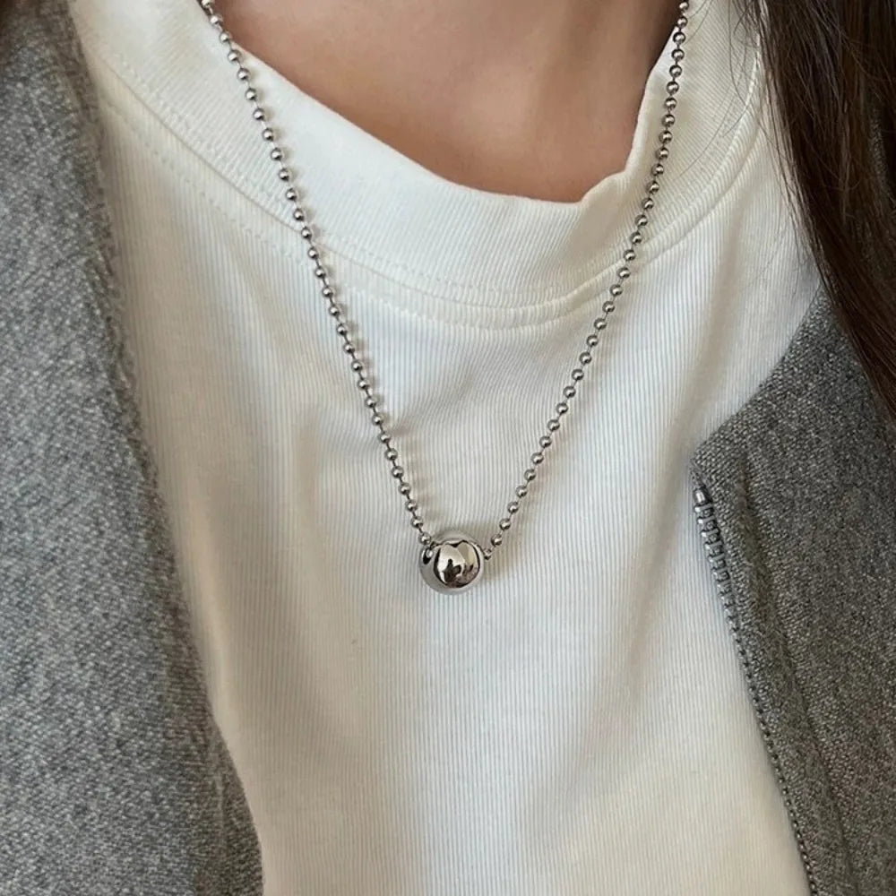 Personality Design Silver Color Stainless Steel Beaded Ball Pendant Necklace, Double Layer Jewellery.