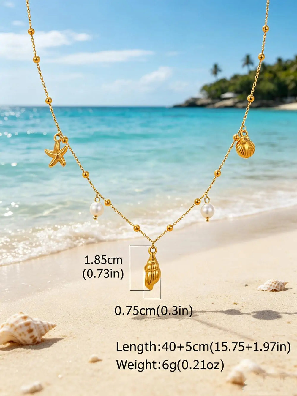18K Gold Plated Pearl, Shell, Conch, Starfish Summer Beach Necklace, Stainless Steel Waterproof Charm Jewelry