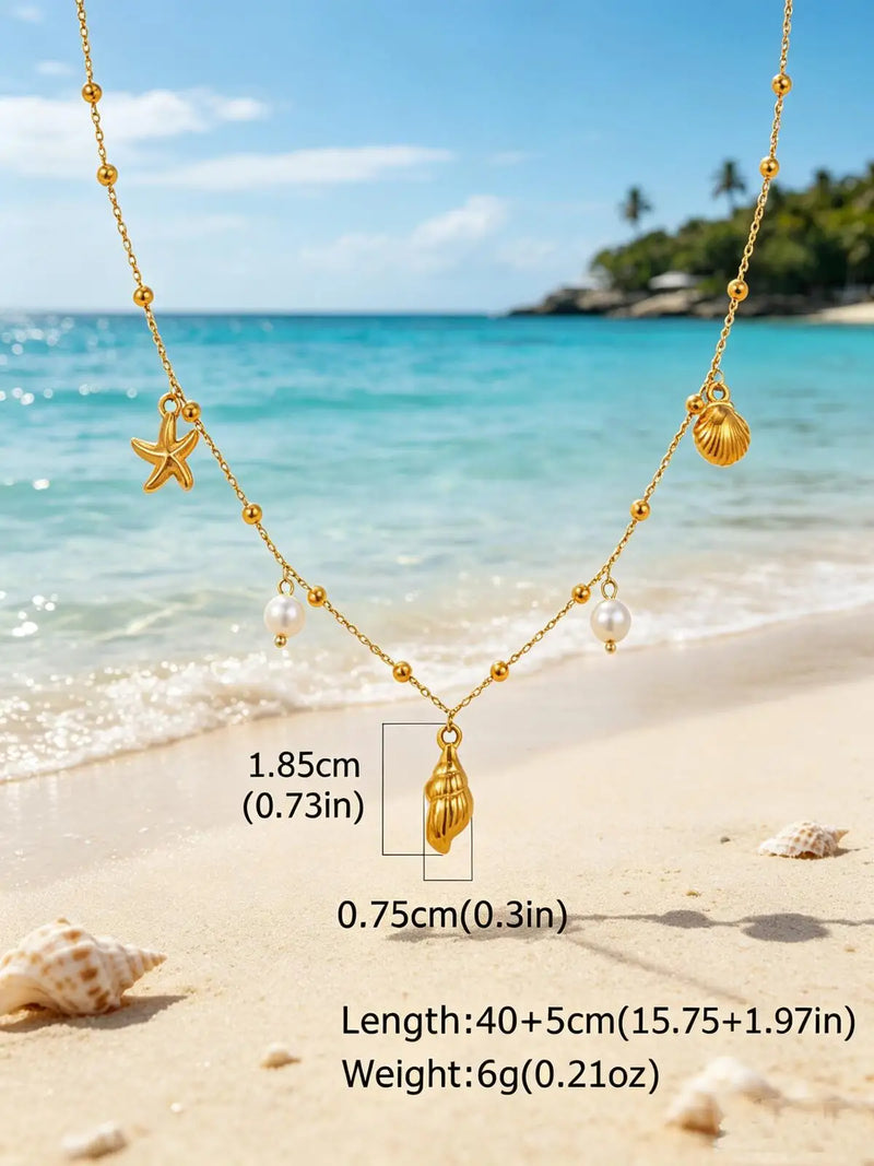 18K Gold Plated Pearl, Shell, Conch, Starfish Summer Beach Necklace, Stainless Steel Waterproof Charm Jewelry