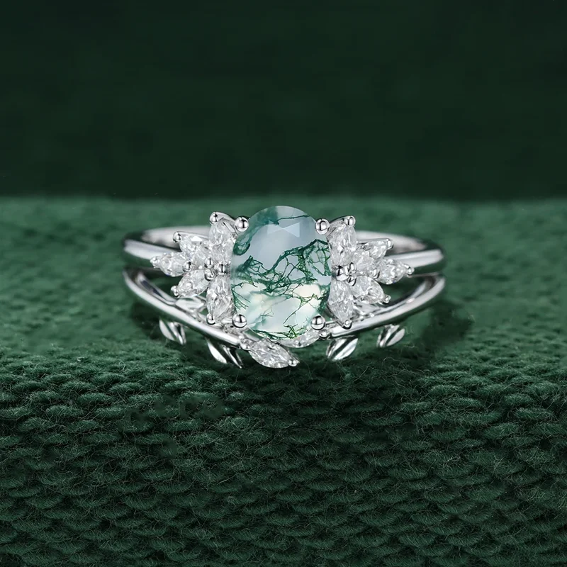 Unique Oval Cut Moss Agate Ring Set 925 Sterling Silver Leaf Branch Rings Handmade Jewellery Gift.