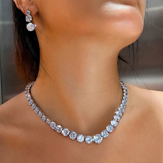 Glittering Round Cubic Zirconia Tennis Necklace and Earrings