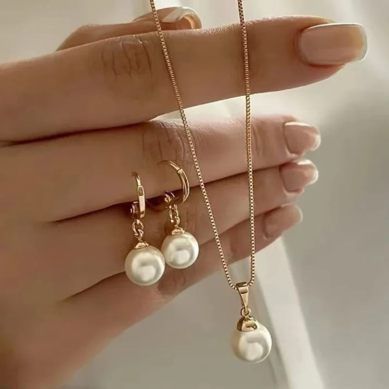 2 Pieces Of Round Pearl Jewelry Set, Earrings, Pendants, Necklaces, Jewelry Set.