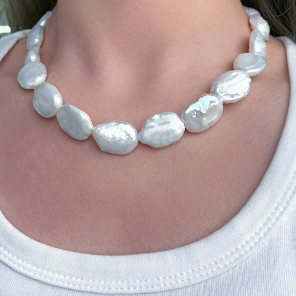 100% Natural Freshwater Bright White Irregular Square Pearl Necklace S925 Pure Silver.