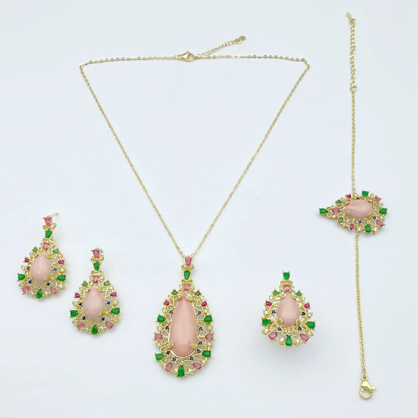Fashion Copper Plated Gold Zirconia Jewelry Set Bracelet Necklace Earrings Ring.
