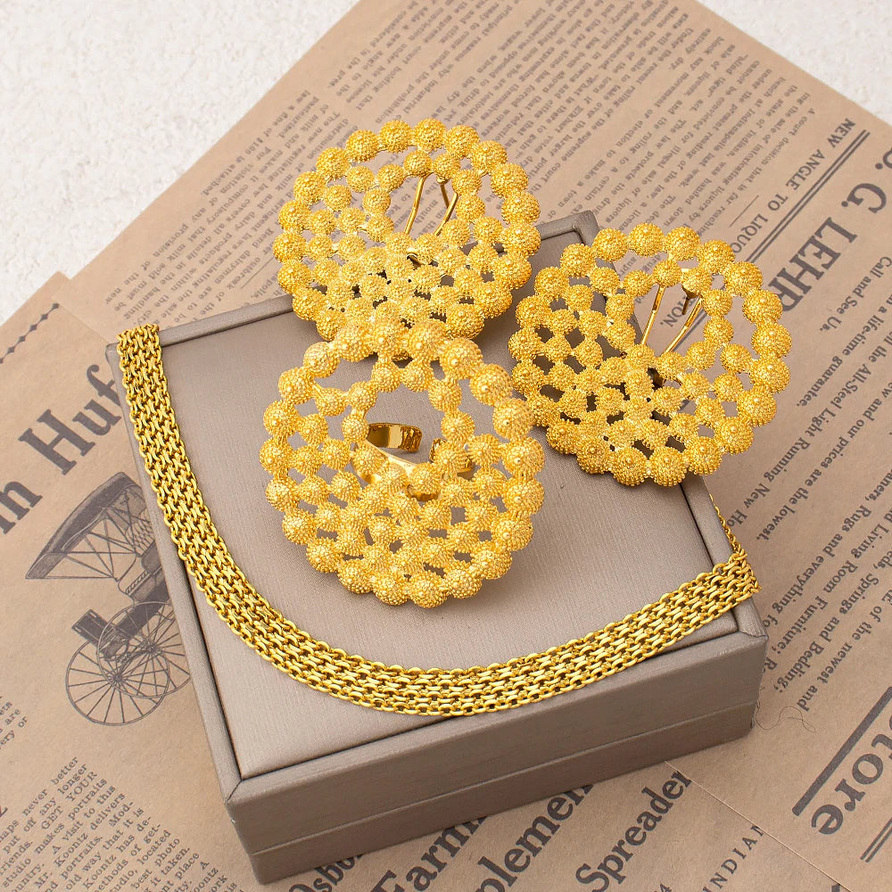 18k Gold Plated Necklace Earrings Ring Jewelry Set Earrings and Finger Ring 2Pcs Set.