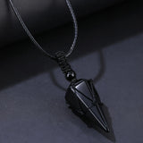 Black Lucky Cool Natural Obsidian Hexagonal Cone Mesh Pocket Braided Rope Pendant Necklace*1pc