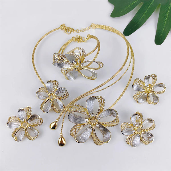 18K Gold Plated Jewelry Set Exquisite Italian Necklace Earrings Bracelet Ring.