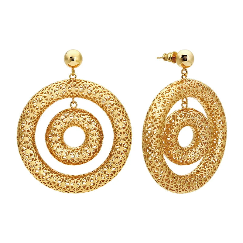 Bicyclic Ring Hollowed Out Drop Earrings For Women Brass Gold Color Earrings.