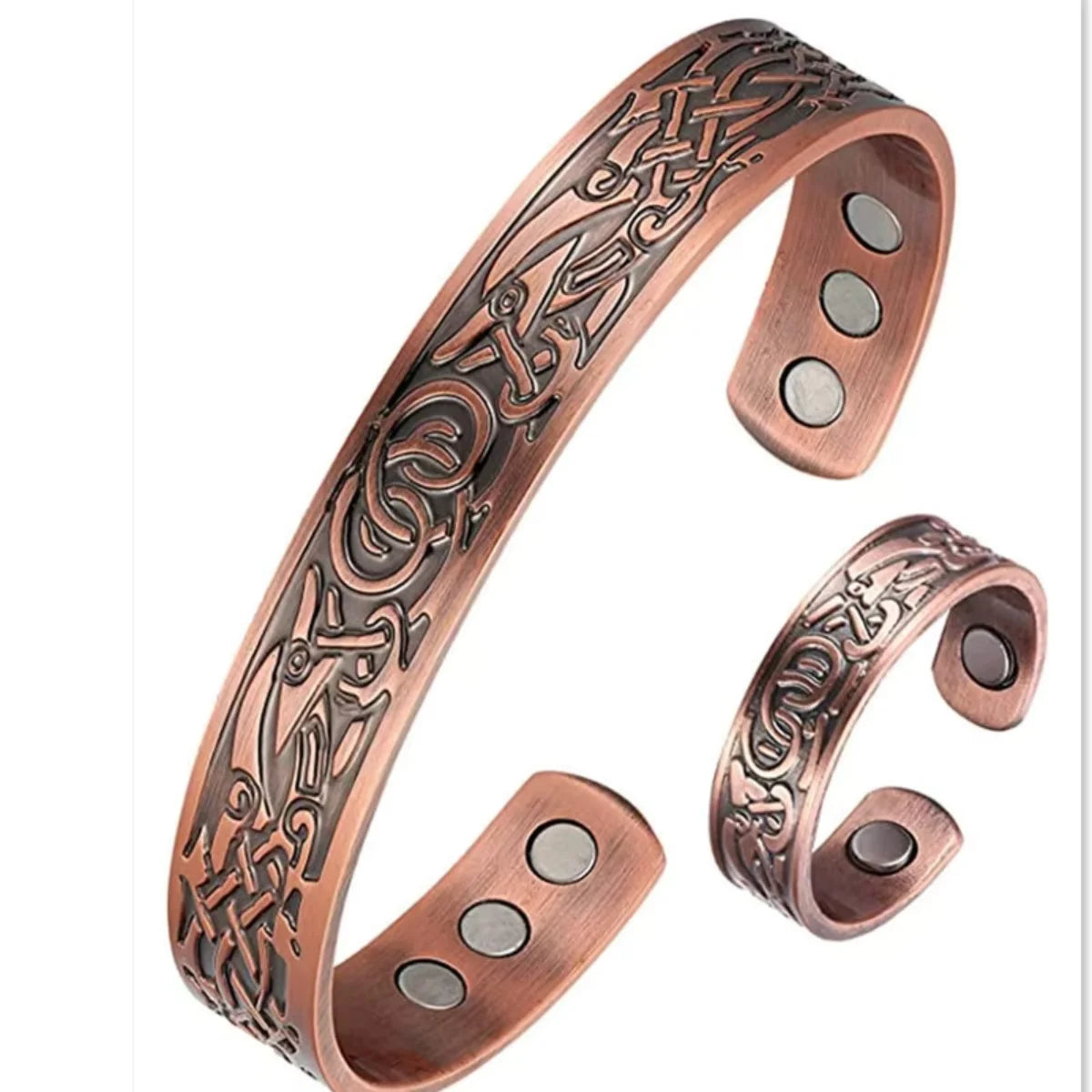 Copper Plating Retro Simple Double Ring Pattern Magnetic Energy Ring Bracelet Gift Set.