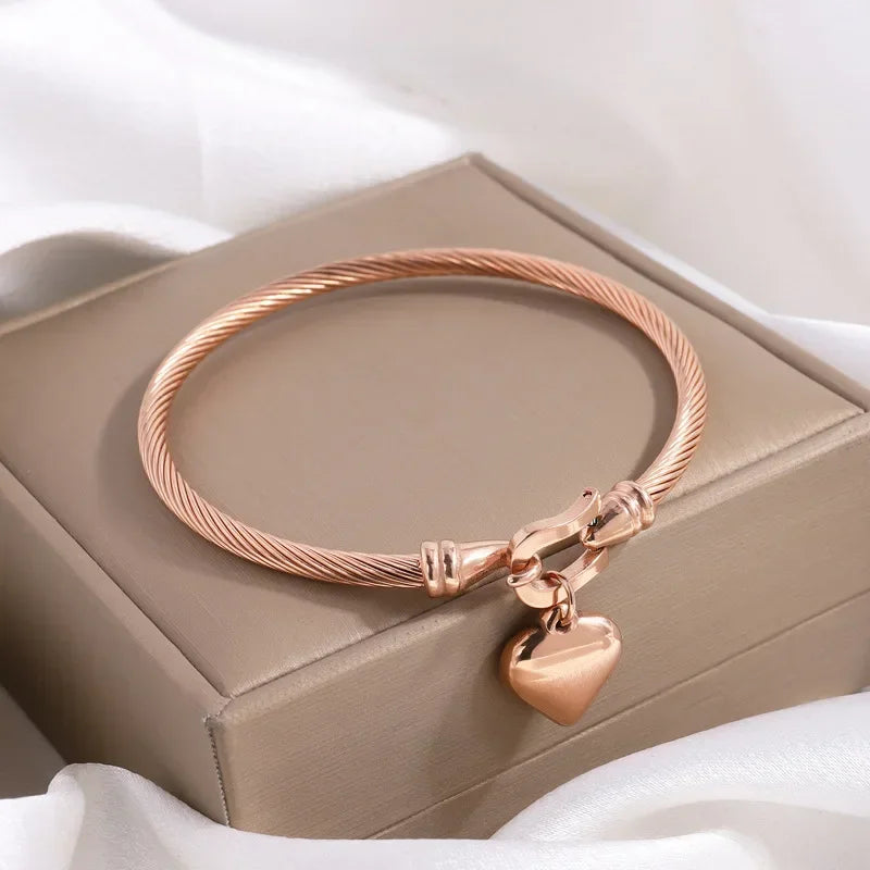 18k Gold Color Stainless Steel Heart Pendant Charm Bangle Bracelets.