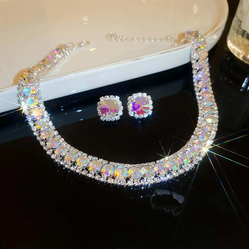 Luxury Rhinestone Necklace Stud Earrings, Crystal  Necklaces Ladies Fashion Jewellery Set.