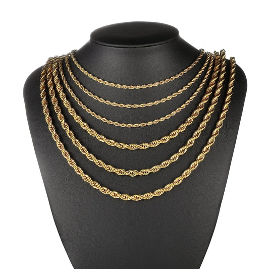 2-6MM Gold Color Twisted Rope Chain Necklace Stainless Steel Never Fade Waterproof Jewellery.