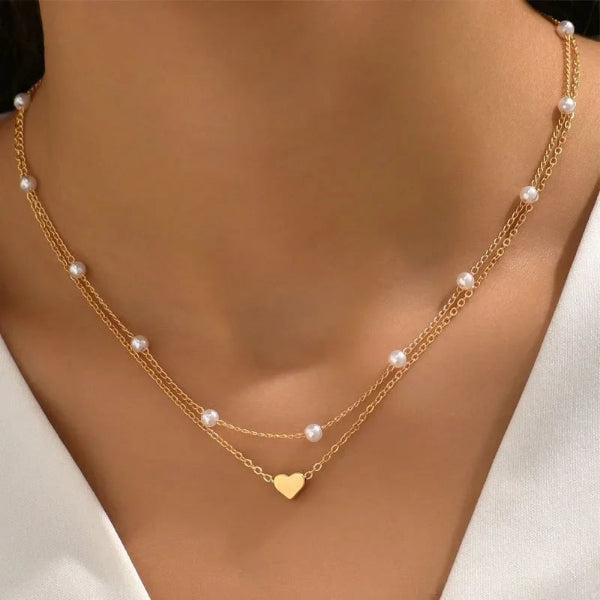Multilayer Pearl Cross Love Heart Pendant Necklaces Collarbone Neck