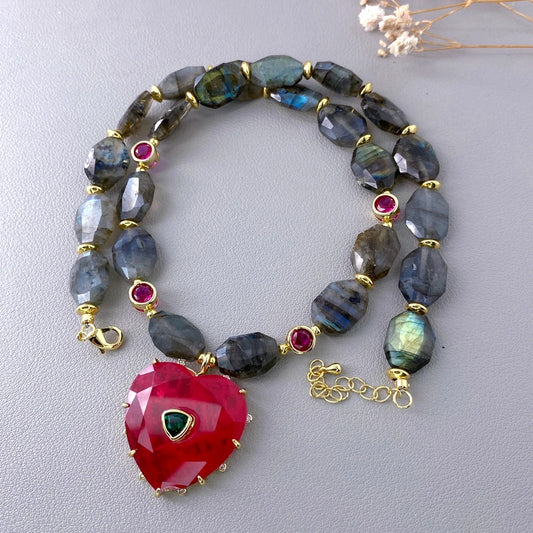 Y·YING Natural Stone Faceted Labradorite Chunk Chokers Necklace Red Heart Pendant Simple Layers Jewelry Gifts