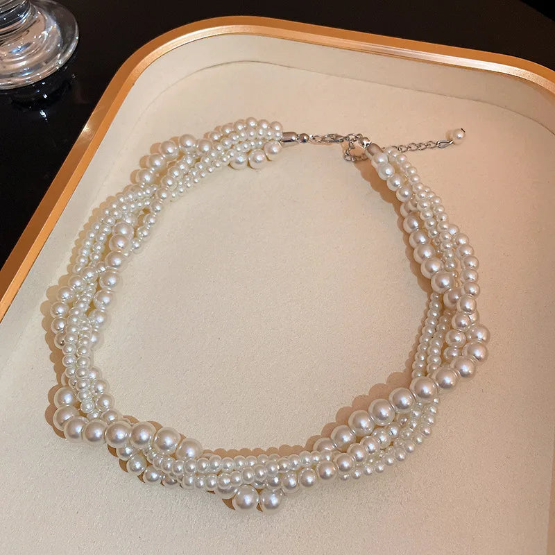 Multi-layered Twisted Imitation Pearl Necklaces, Luxury Collarbone Chain Necklace.