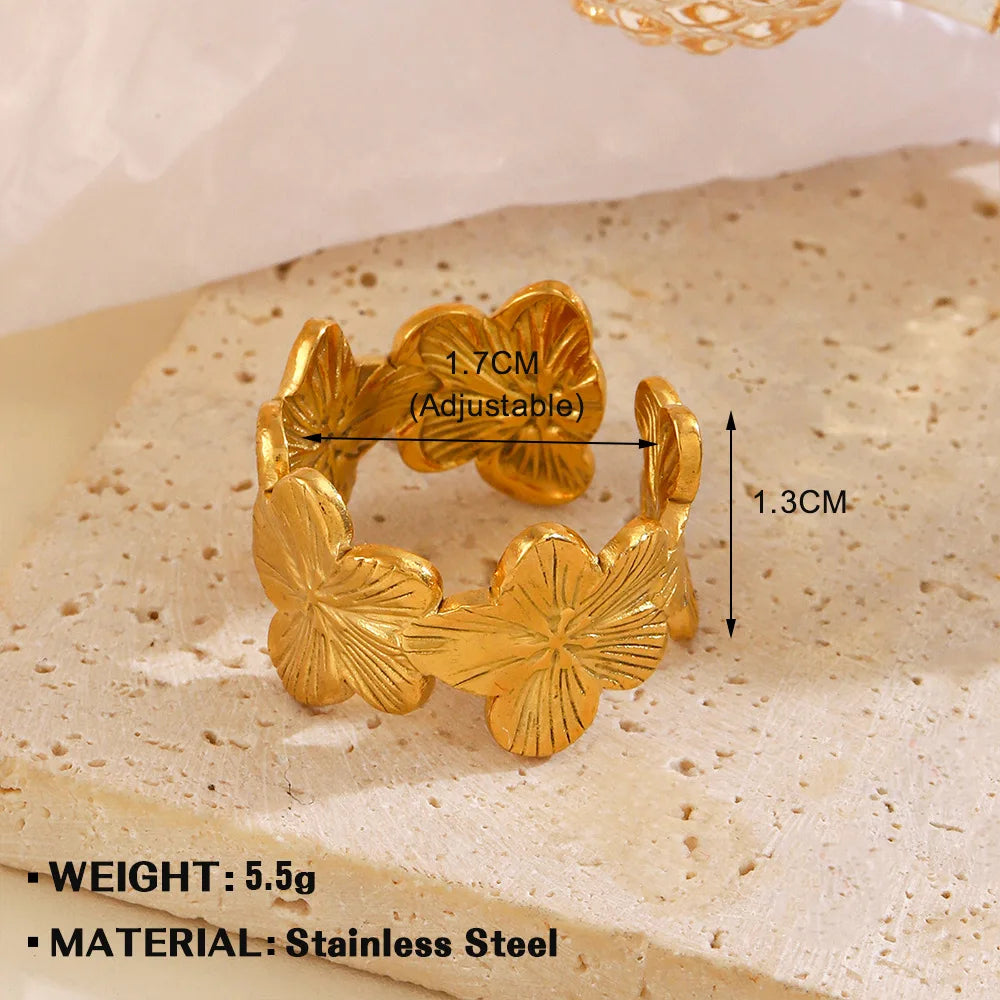 Elegant Stainless Steel Big Bloom Flower Rings, 18k Gold PVD Plated Open Ring Finger Jewelry.