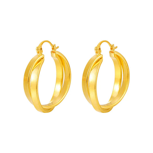 Stylish Double Hoop Earrings Women's 24K Gold AU999.