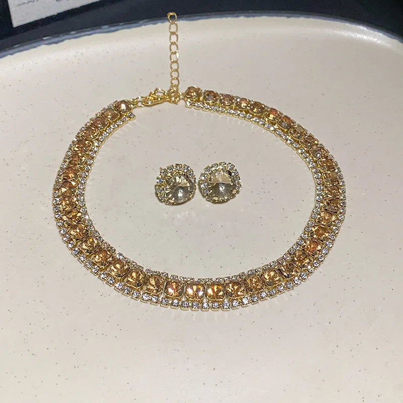 Luxury Rhinestone Necklace Stud Earrings, Crystal  Necklaces Ladies Fashion Jewellery Set.