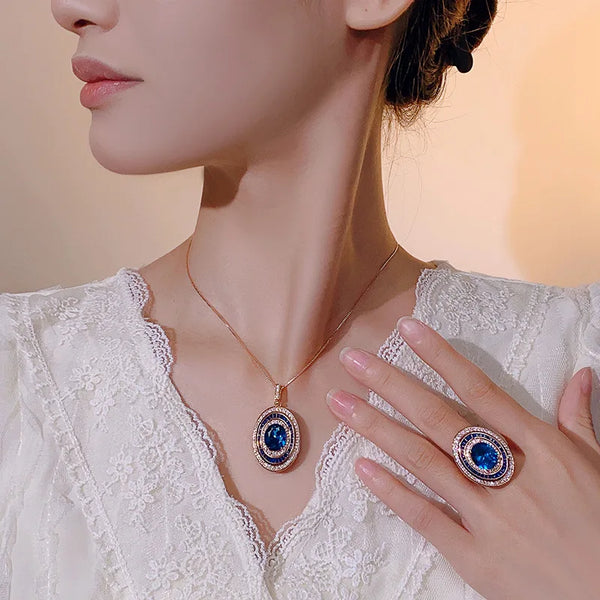 Rose Gold Plated Blue Oval Gemstone Jewelry Adjustable Ring Necklace with Cubic Zirconia Vintage Fashion Gift.